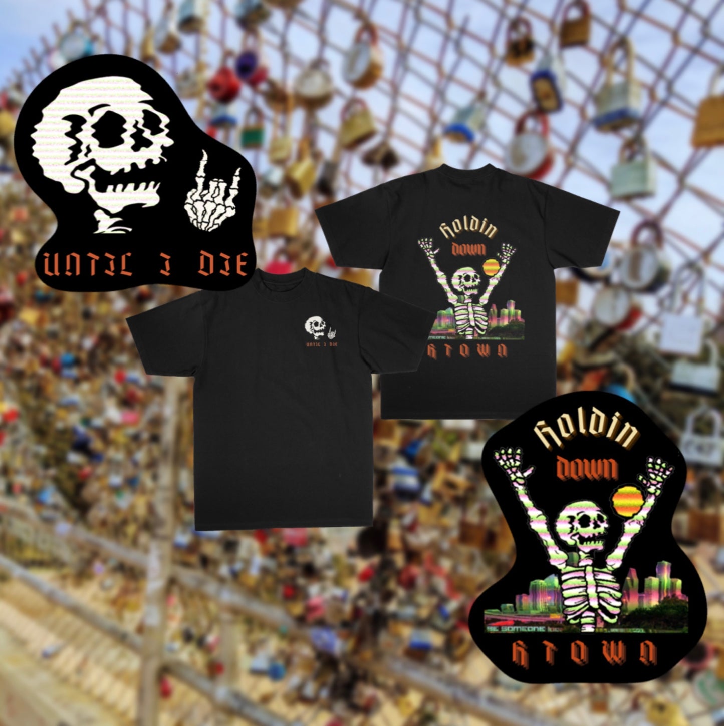 Shown, front and back of black streetwear t-shirt designs. Design Descriptions are as follows. Front graphic, Skull Head and Skull Hand Throwing Up the H. Front lettering under graphic, “Until I Die". Positioning, upper left. Back Graphic, Skeleton With Hands in the Air in front of Houston city skyline. Back Lettering, Holdin Down HTOWN. Positioning, entirety of back. Overall Aesthetic: street style, retro and vintage. 