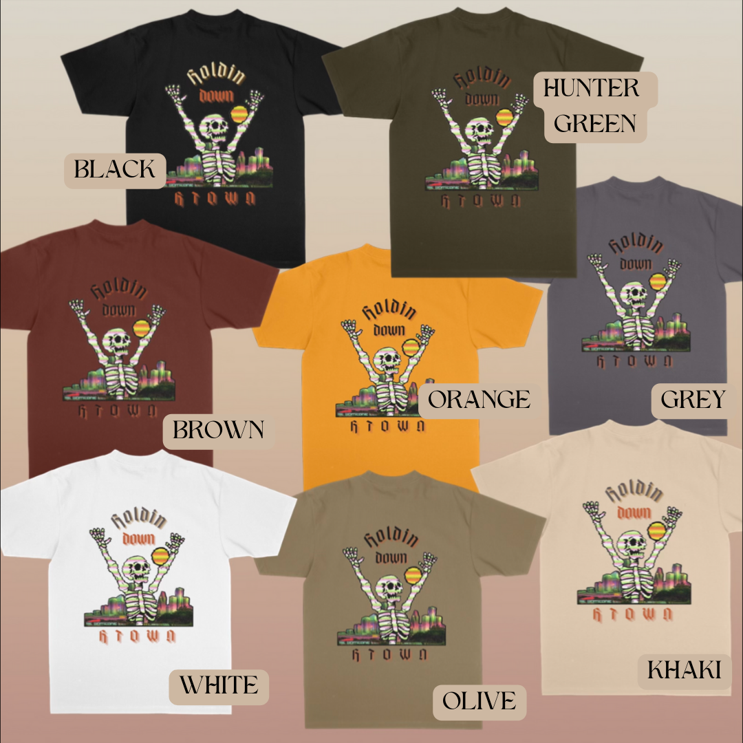 Shown, various t-shirt design color options. T-shirt color variations are as follows: black, brown, white, orange, olive, hunter green, grey, khaki 